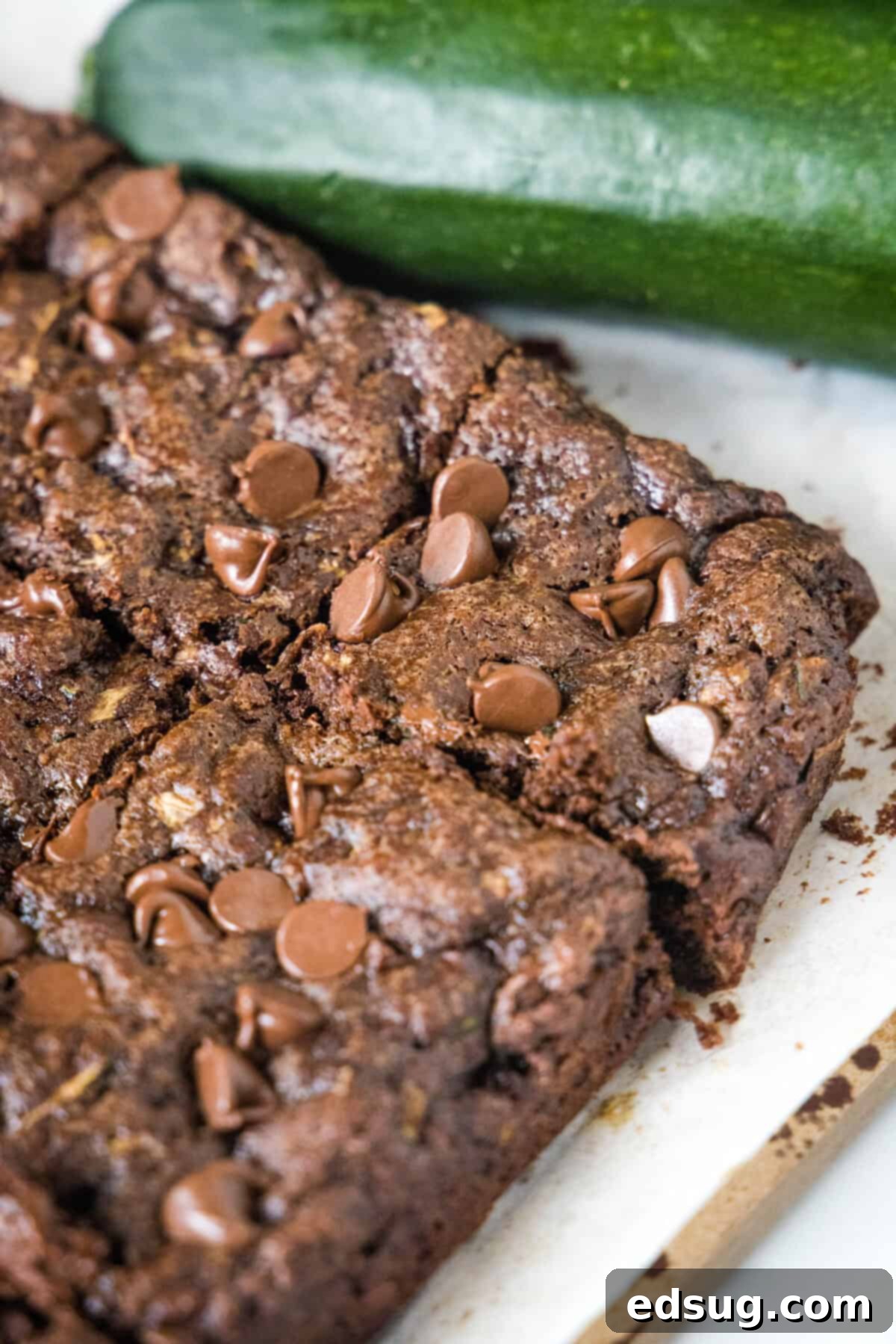 Sliced fudgy zucchini brownies on a cutting board, garnished with chocolate chips