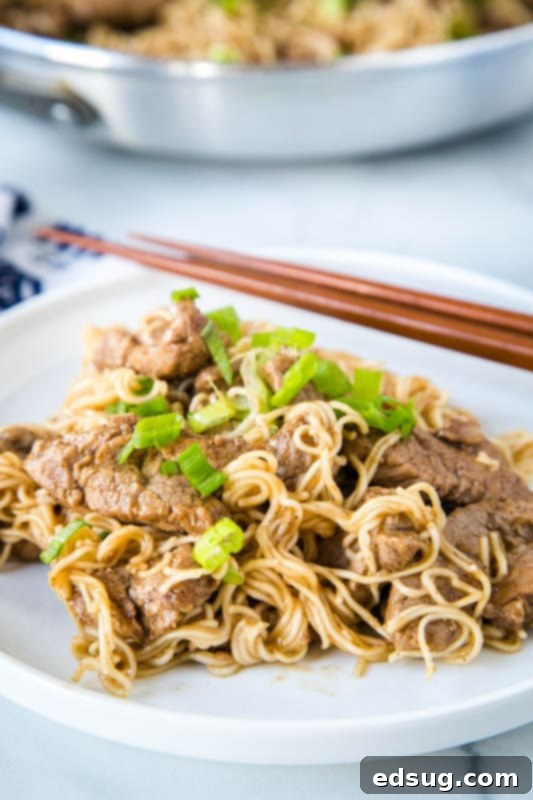 A white plate showcasing a generous serving of Five Spice Pork Lo Mein with chopsticks resting beside it, ready to enjoy.