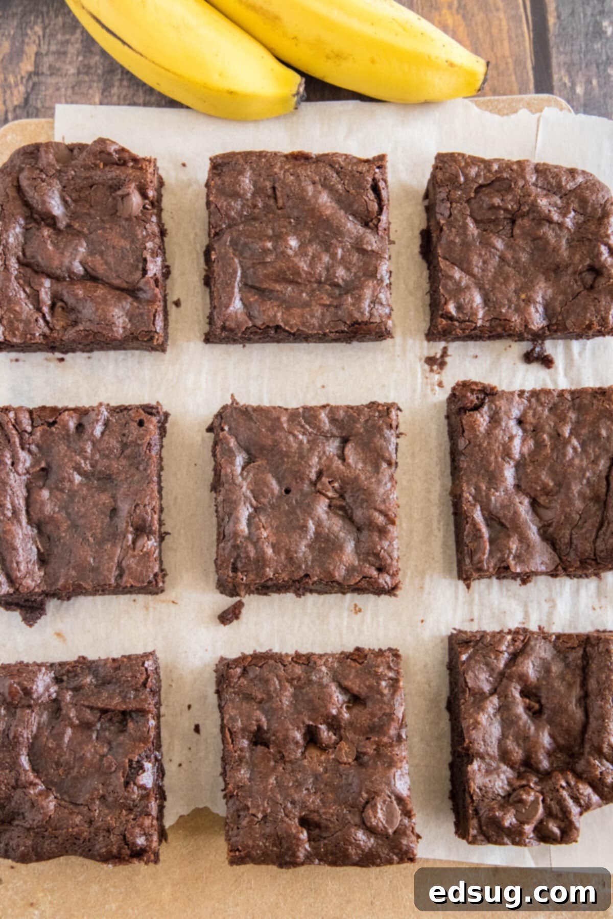 close-up top-down view of sliced banana brownies showing their moist interior