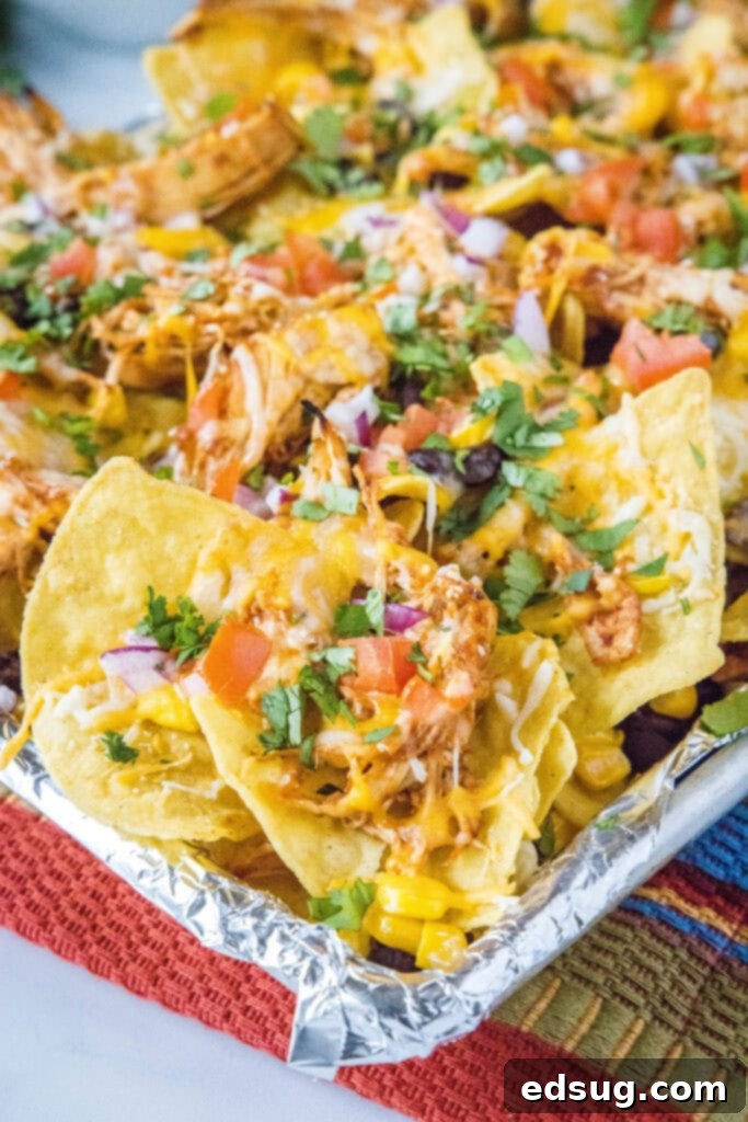 baked barbecue chicken nachos on a baking sheet