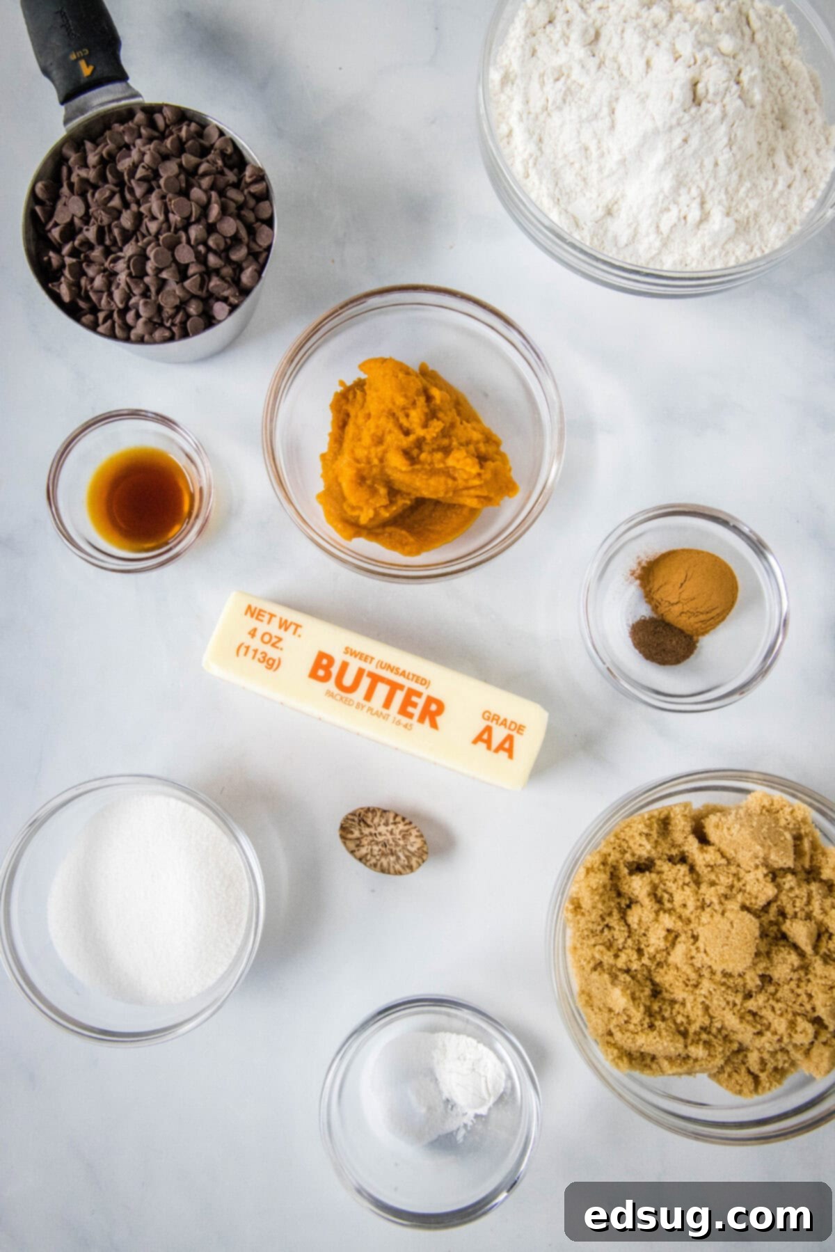 Spiced Chewy Pumpkin Chocolate Chip Cookies 4 All ingredients for pumpkin chocolate chip cookies laid out on a table