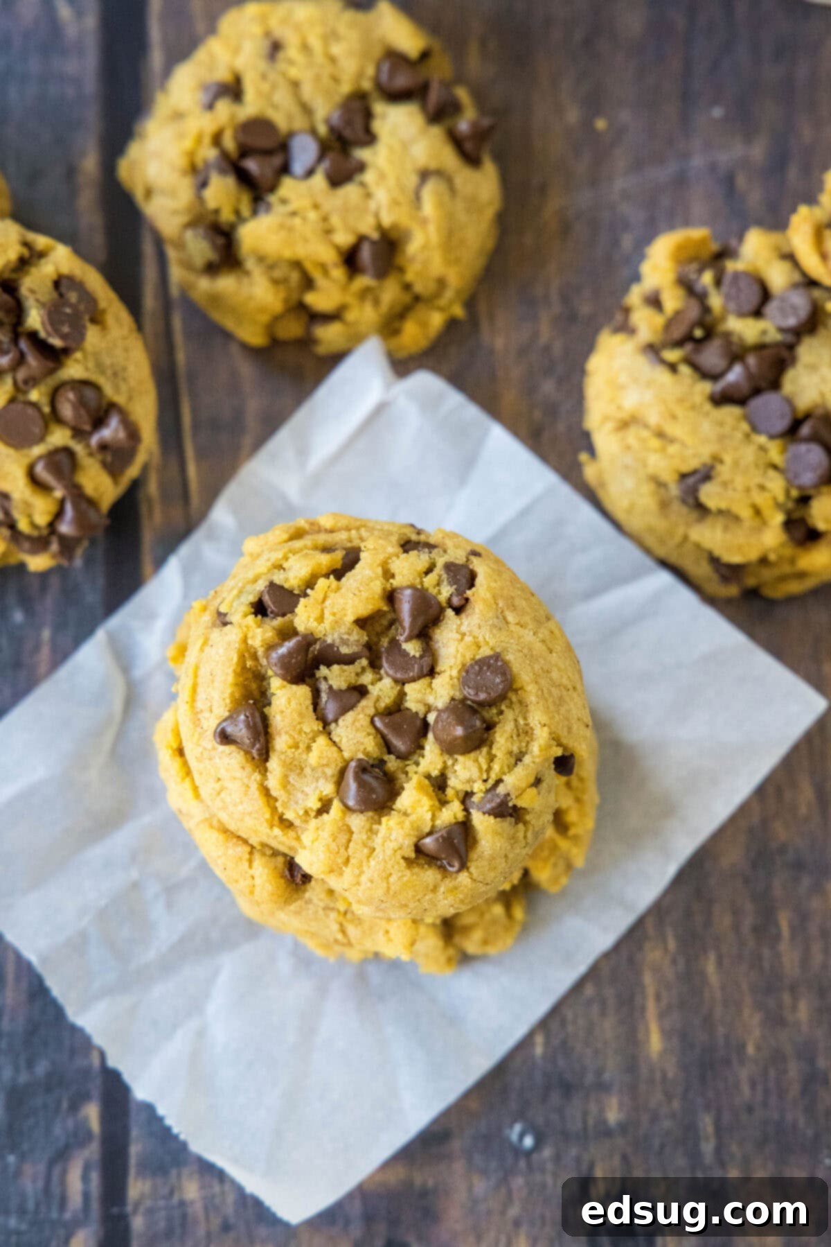 Spiced Chewy Pumpkin Chocolate Chip Cookies 6 Close-up overhead shot of a stack of chewy pumpkin chocolate chip cookies