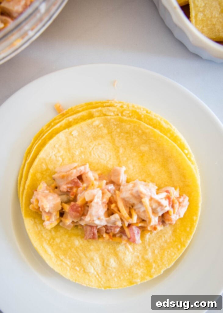 Turkey enchilada filling placed on a corn tortilla, ready to be rolled