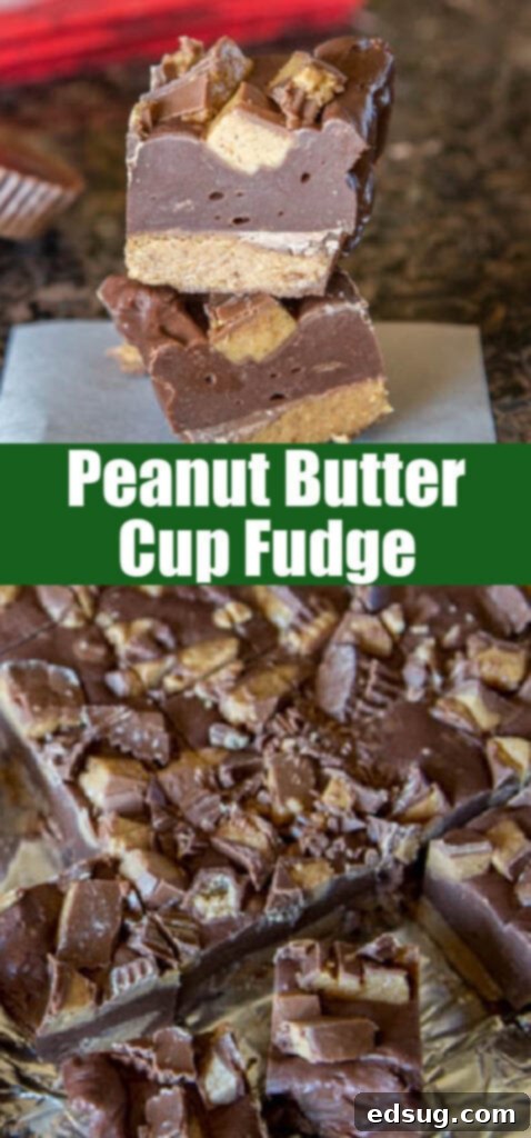 Close-up of a square of peanut butter cup fudge, showing the layers of chocolate and peanut butter cups, perfect for Pinterest