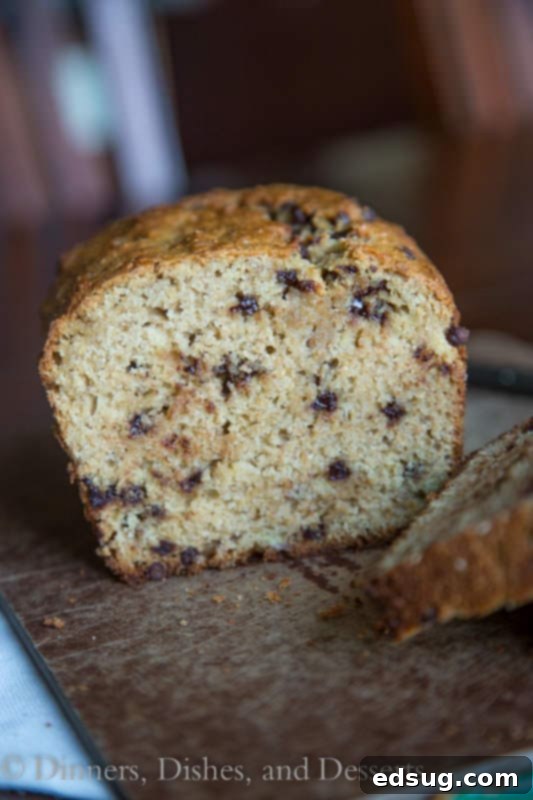 a close-up of the crust of whole wheat chocolate chip banana bread, showing chocolate chips
