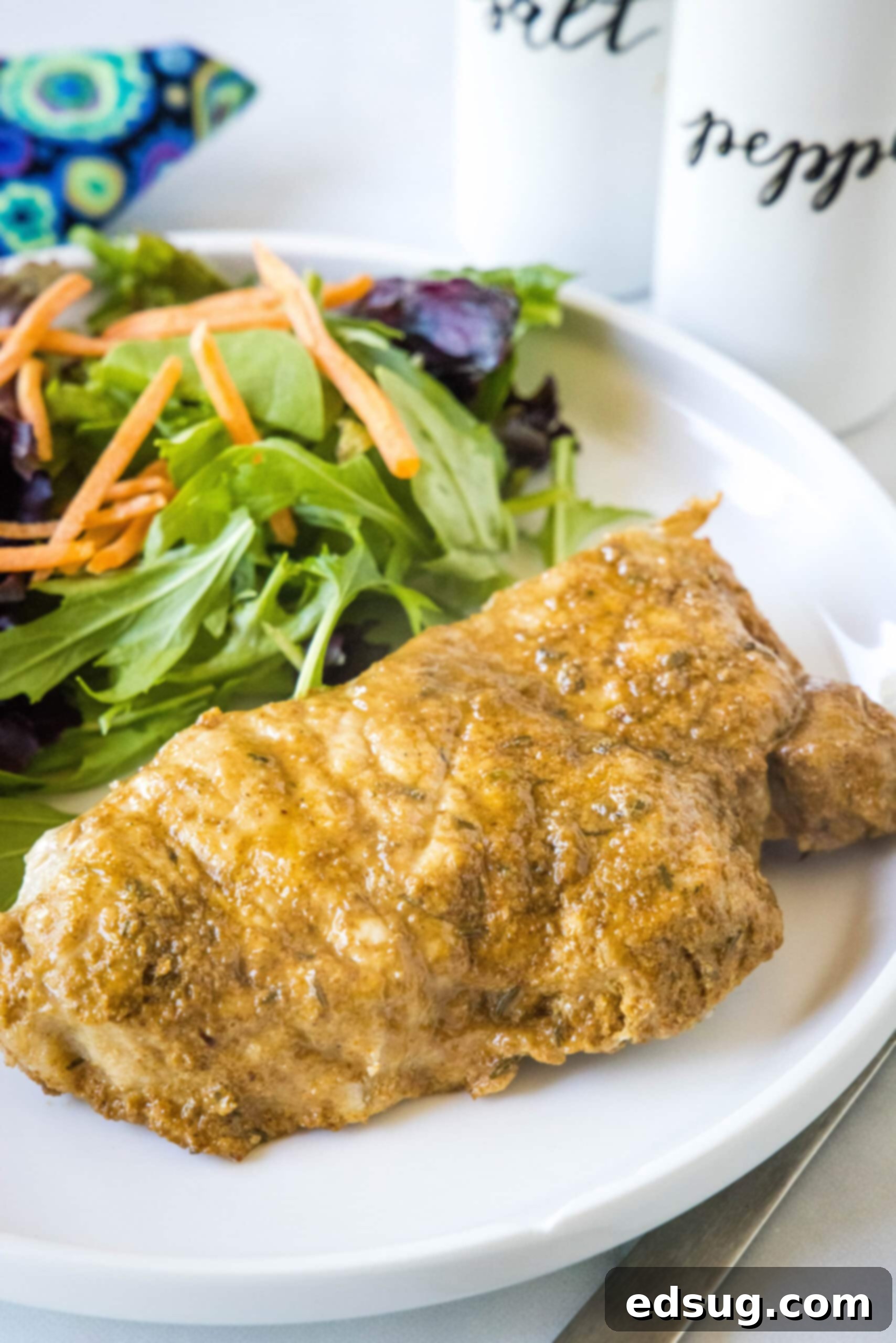 An instant pot pork chop with a side of salad on a white plate, showcasing a perfectly cooked and juicy chop.