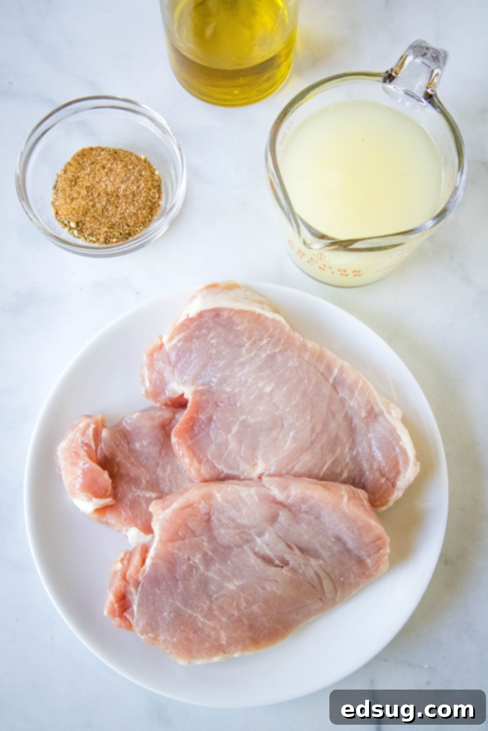 Ingredients for instant pot pork chops laid out on a white surface, including pork chops, seasoning, olive oil, and chicken broth.
