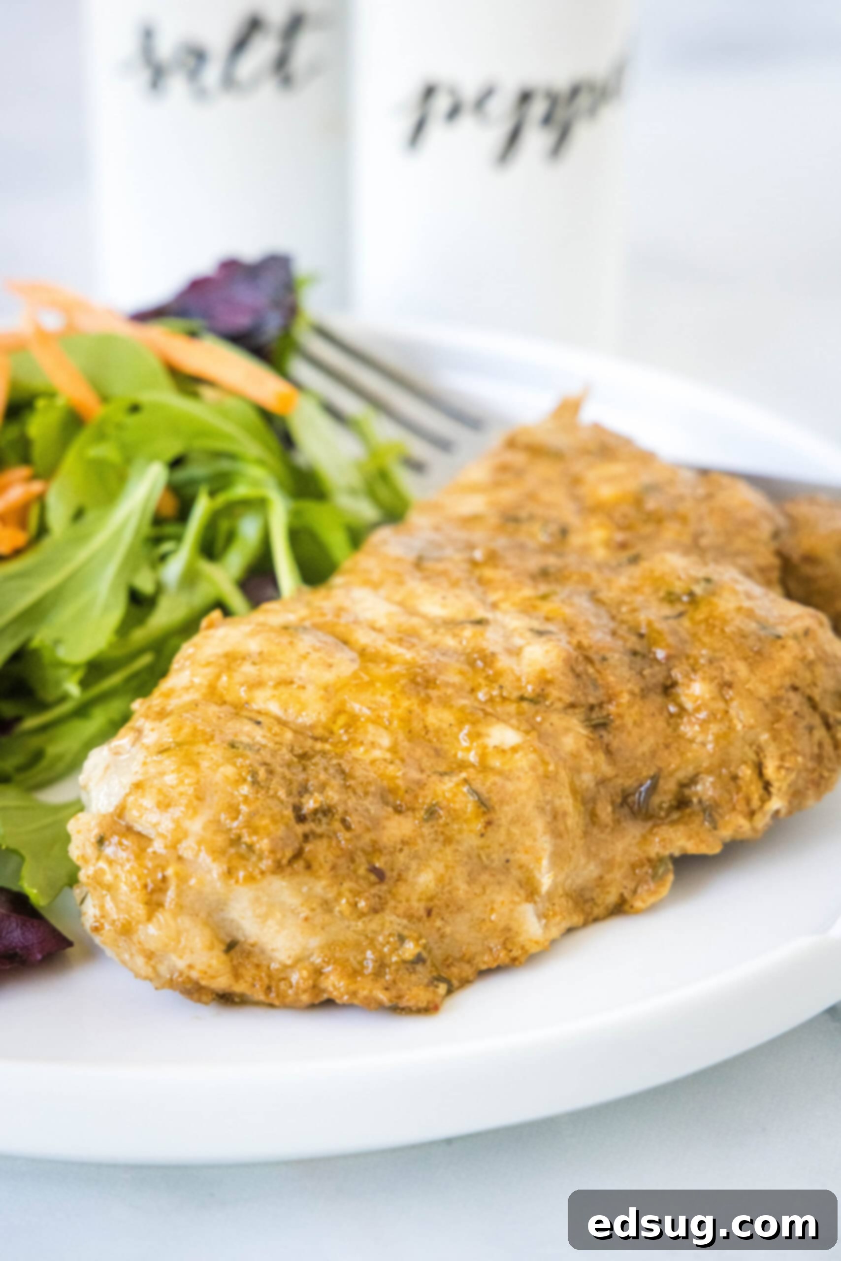 An instant pot pork chop with a side of salad on a white plate, showcasing the tenderness of the meat.