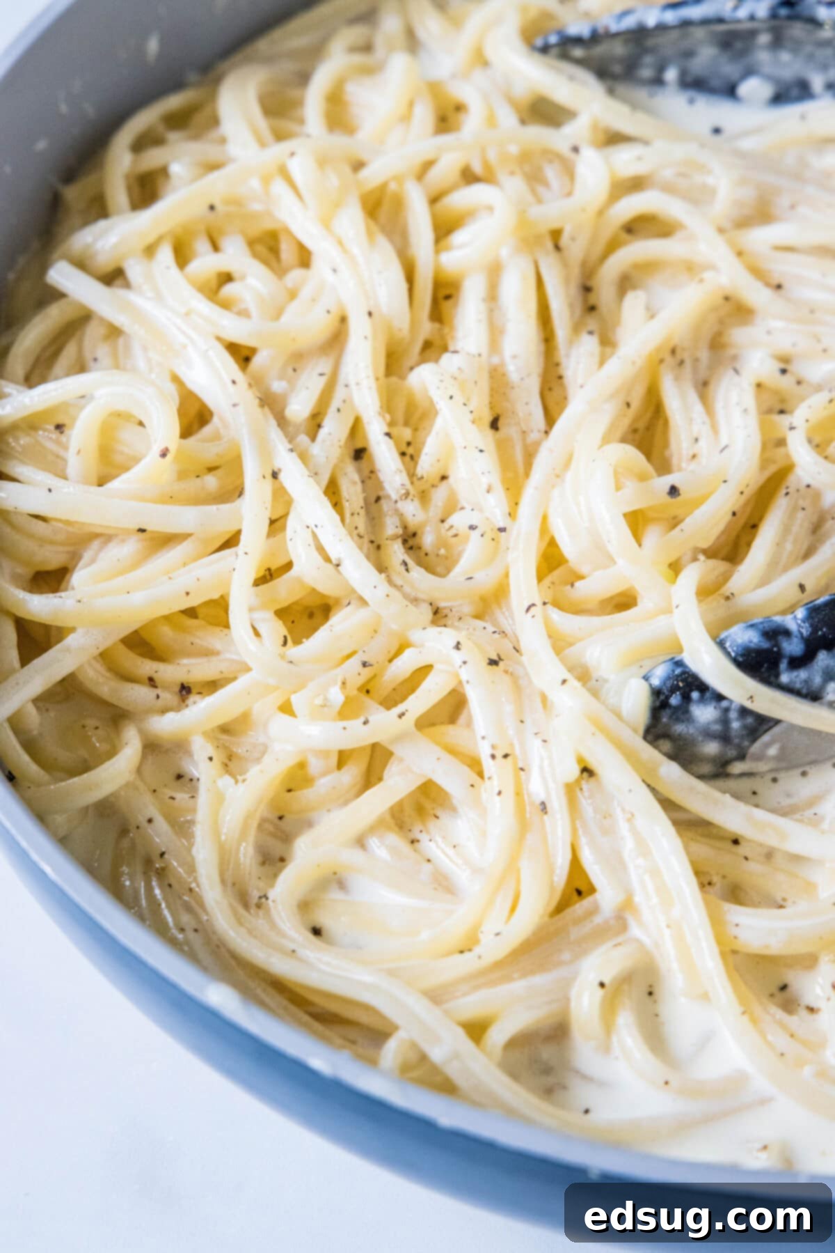 This easy homemade Alfredo sauce is rich and creamy and packed with garlicky parmesan flavors. Make it in one pan with your favorite pasta! Homemade alfredo pasta in a skillet.