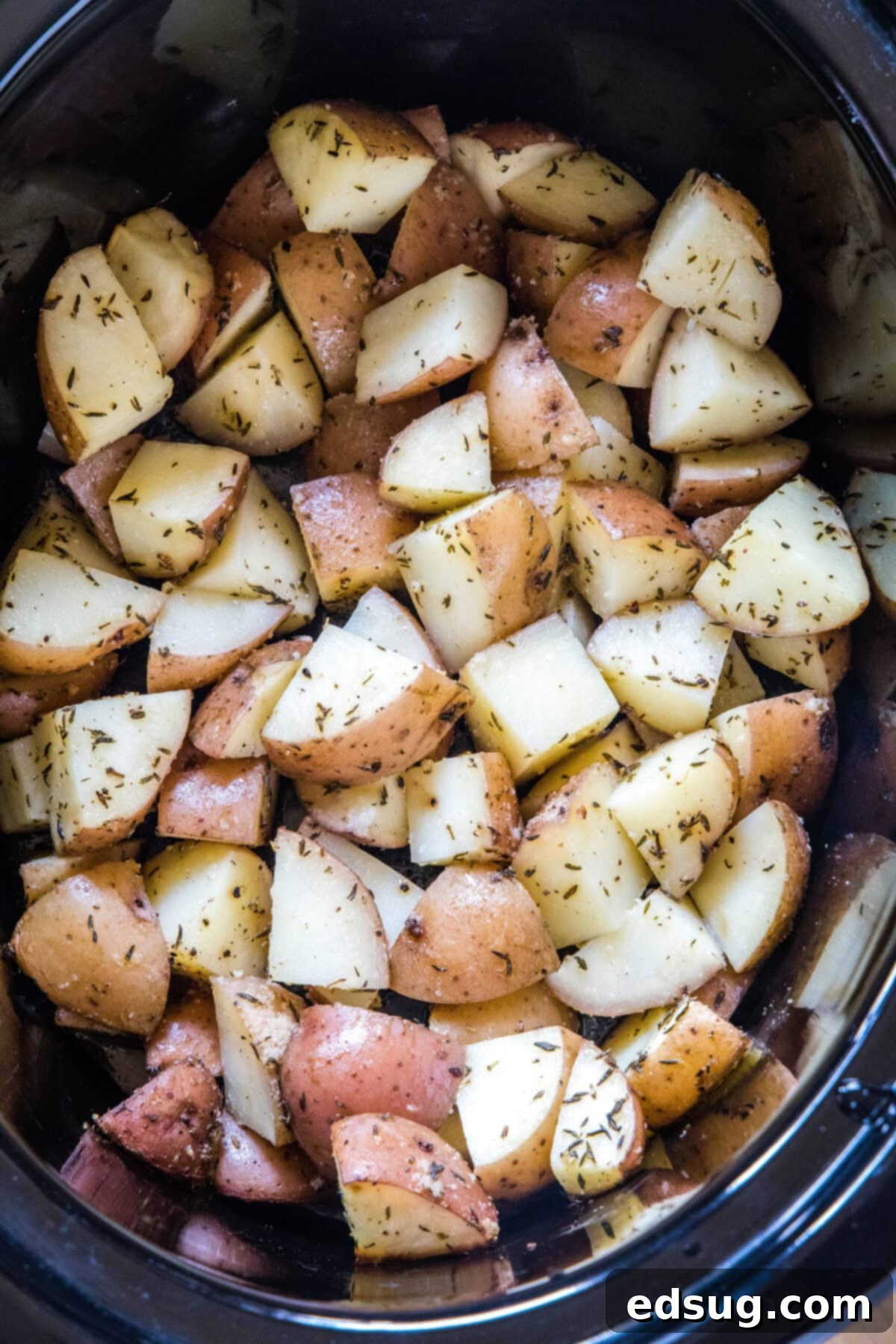 Overhead view of seasoned diced potatoes spread evenly inside the slow cooker, ready for cooking.