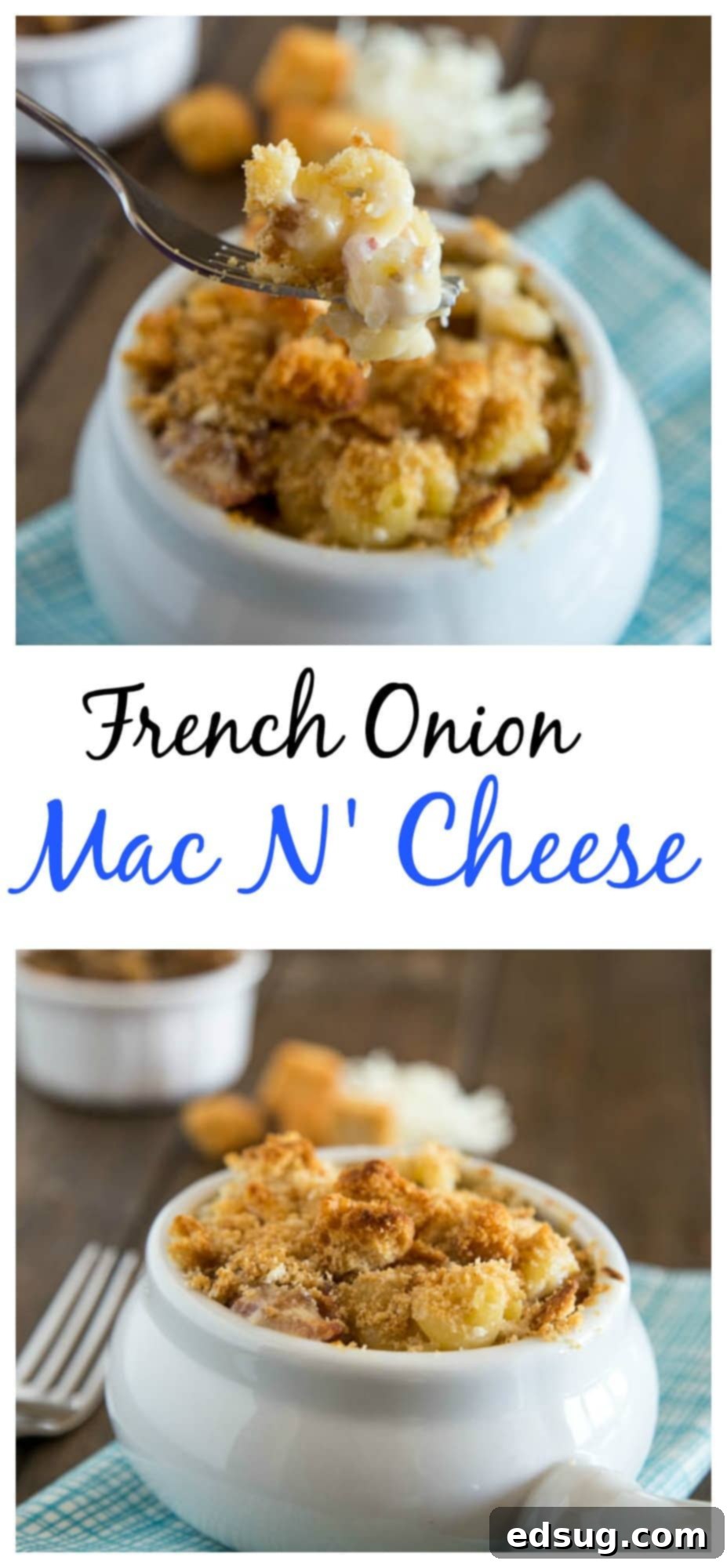 French Onion Mac N' Cheese - Creamy mac n' cheese with caramelized onion, bacon, and topped with croutons.