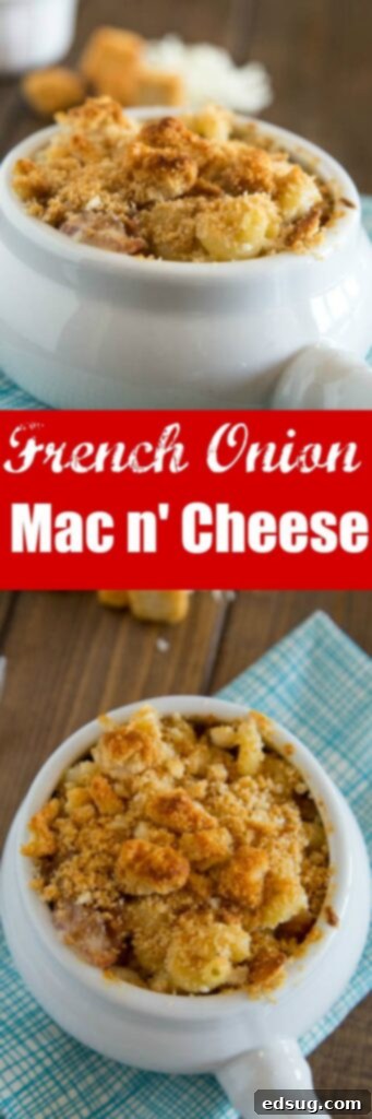 French Onion Macaroni and Cheese - Creamy homemade mac and cheese with caramelized onion, bacon, and topped with croutons.