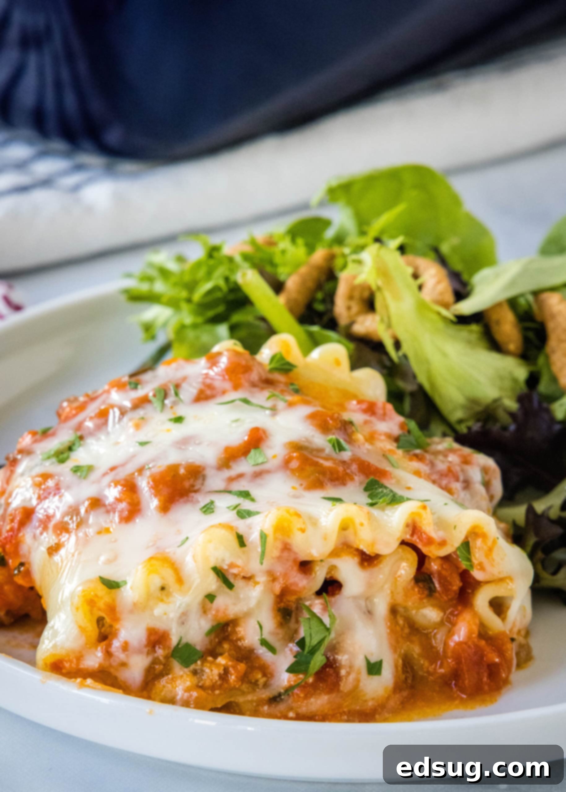 A lasagna roll up served on a plate with green salad on the side.