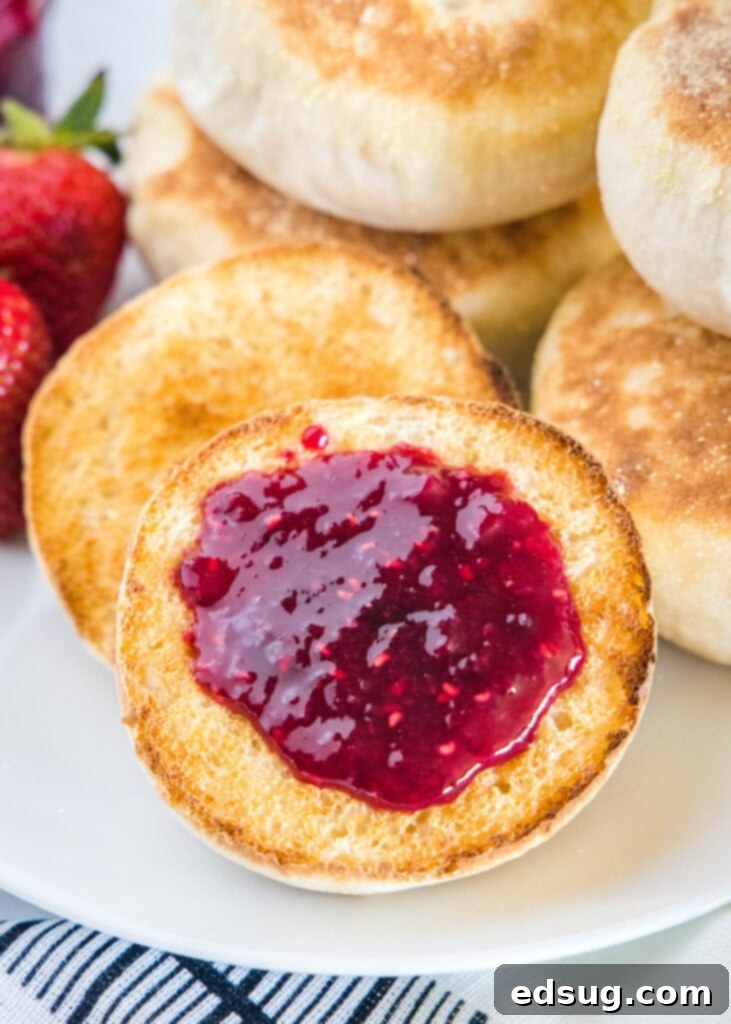 Berry Medley Jam 8 A toasted English muffin generously spread with homemade mixed berry jam, ready to eat.