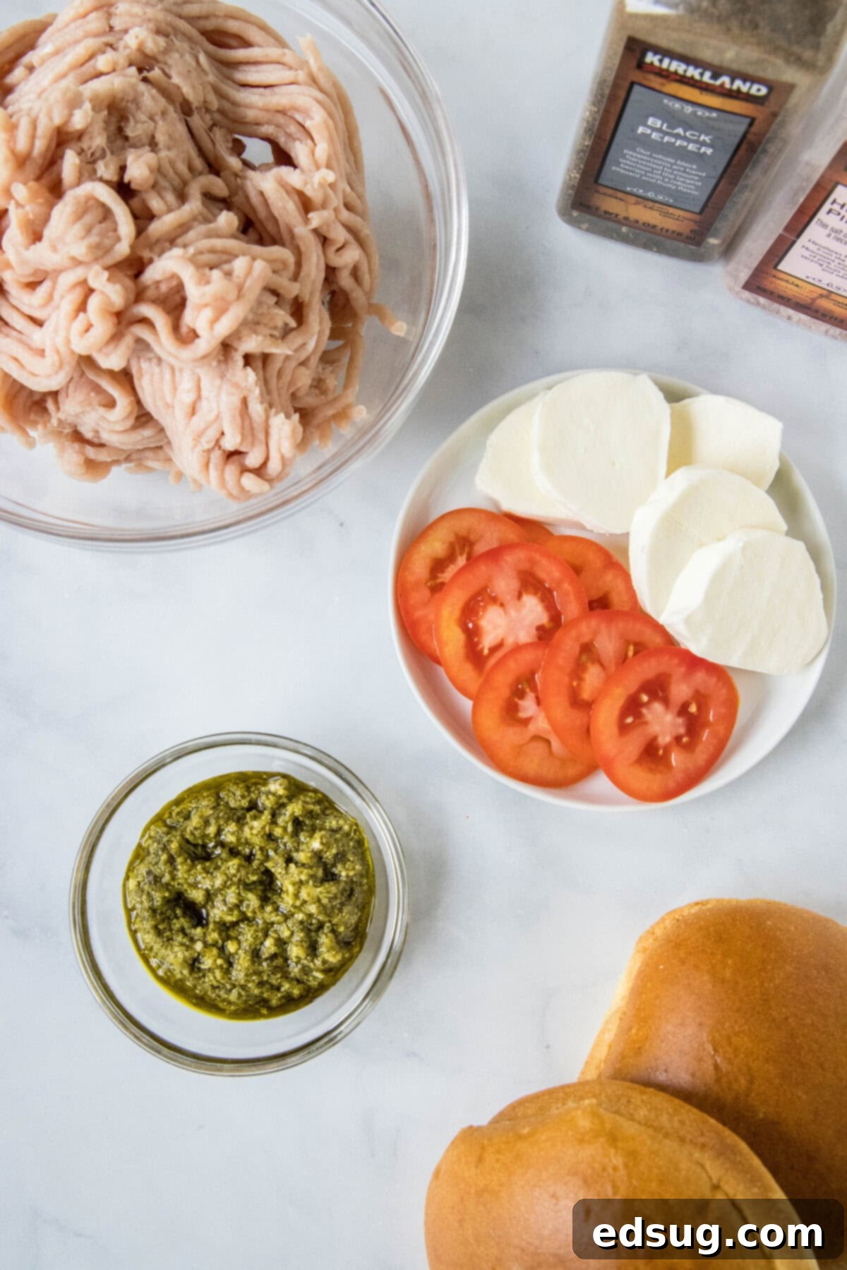 ingredients for pesto chicken burgers laid out