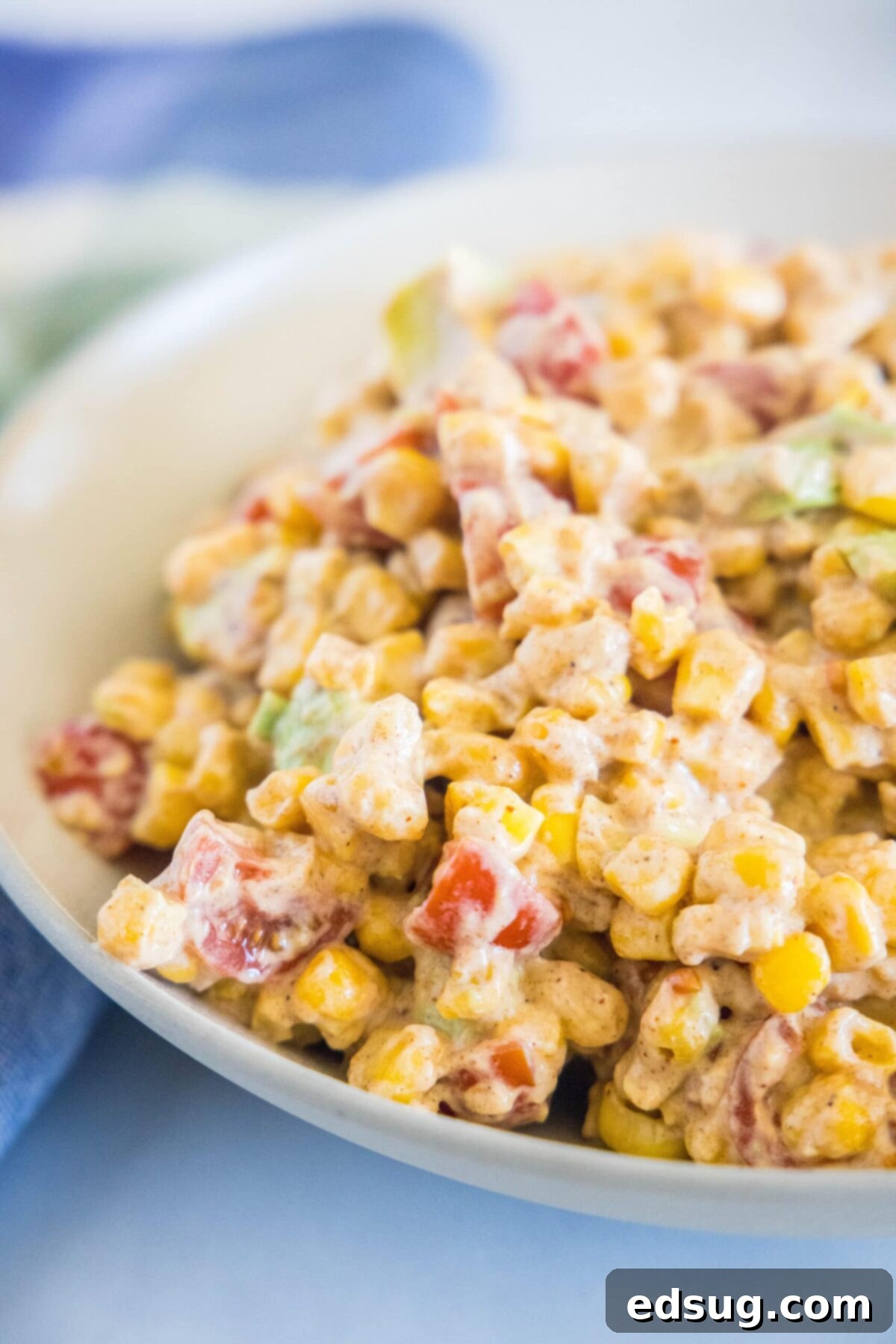 Close up of a bowl of corn salad