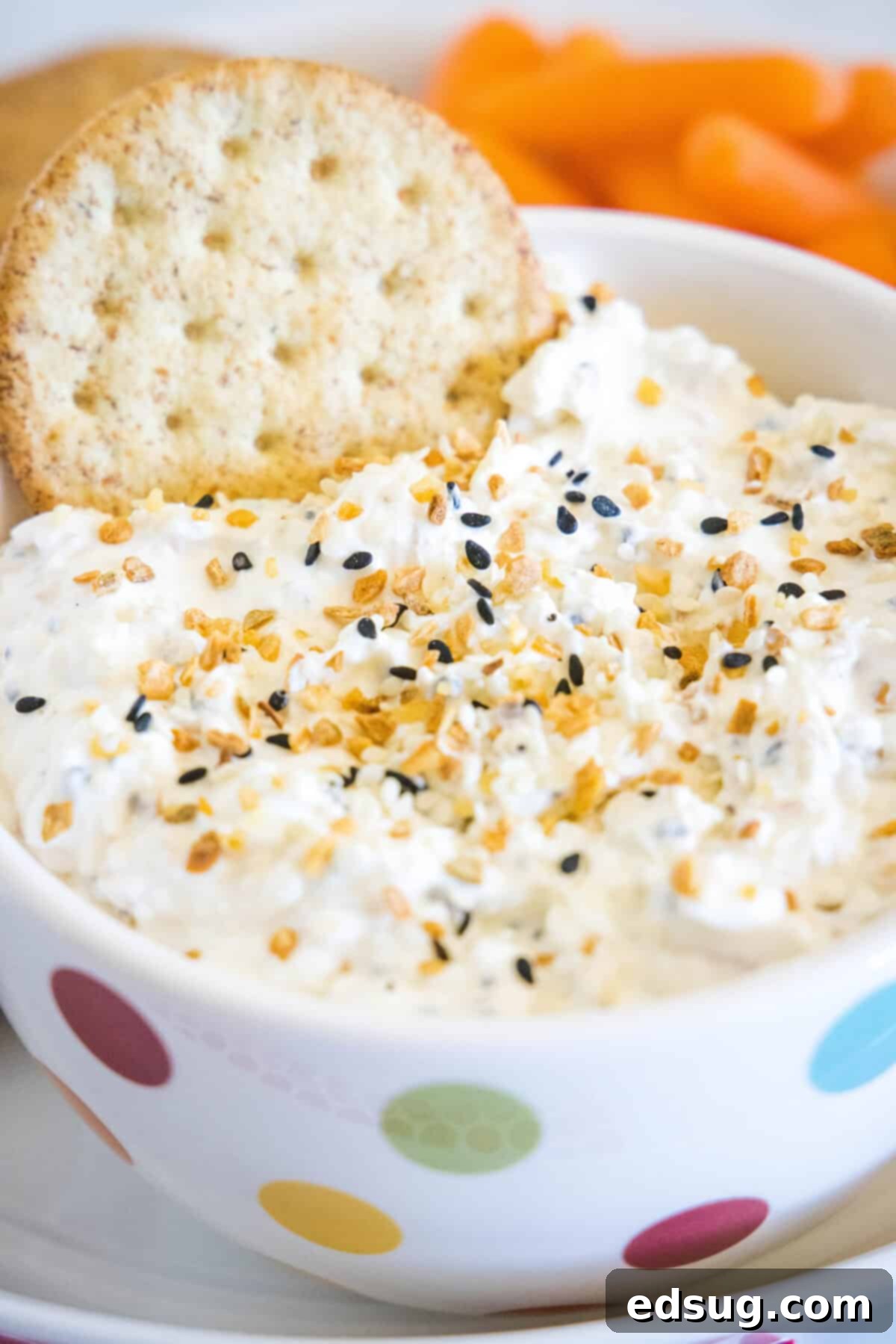 everything bagel dip in a bowl with a cracker