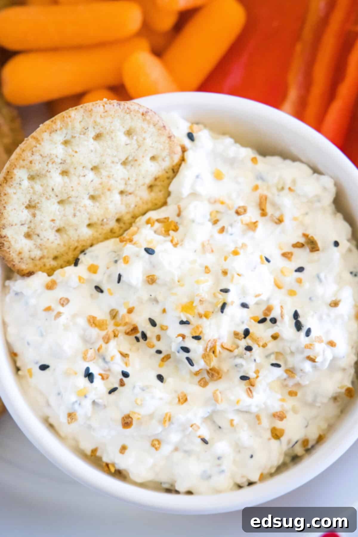looking down on a bowl of everything bagel dip