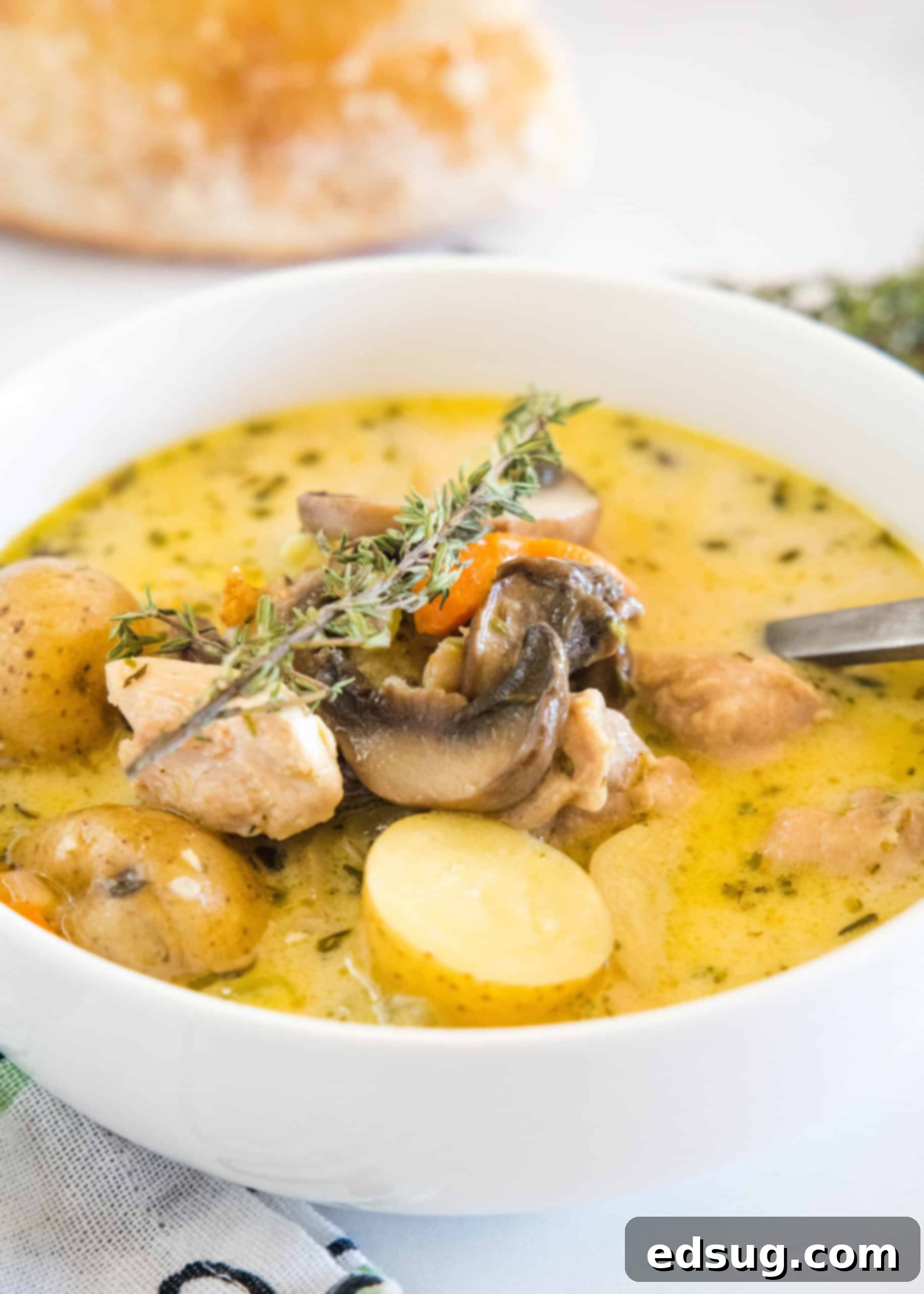 Chicken stew in a white bowl with a spoon, highlighting its creamy texture and hearty ingredients.