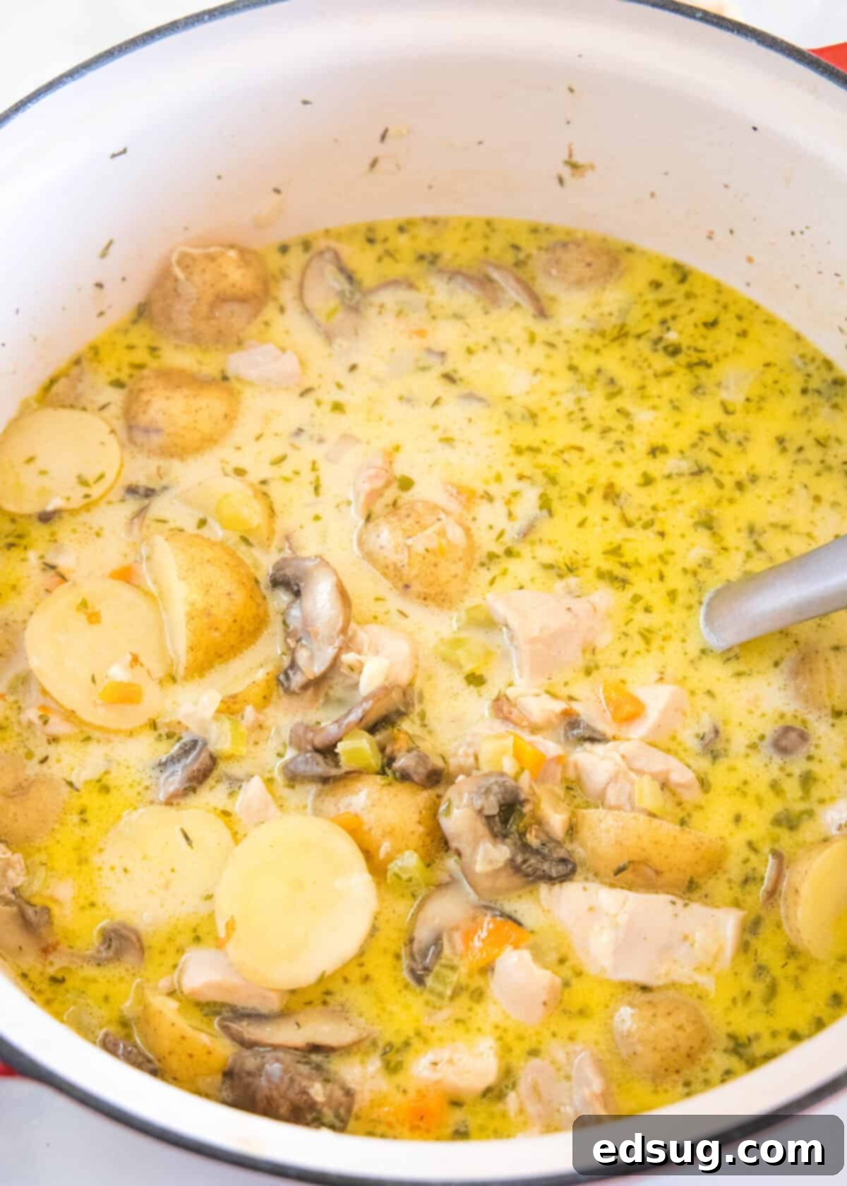 Chicken stew simmering in a large pot, with mushrooms added and ready for final cream.