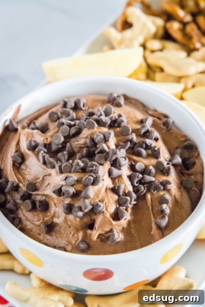 A bowl of brownie batter dip, richly topped with chocolate chips