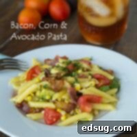 Bacon, Corn & Avocado Pasta - fresh corn and tomatoes with crispy bacon and avocado are perfect together!