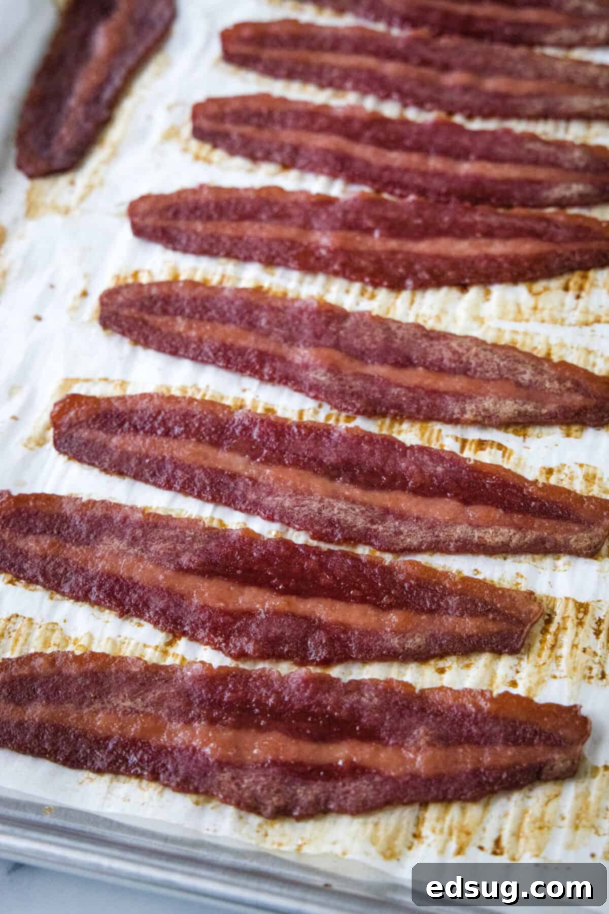 Crispy Oven-Baked Turkey Bacon 5 turkey bacon cooked on a sheet pan