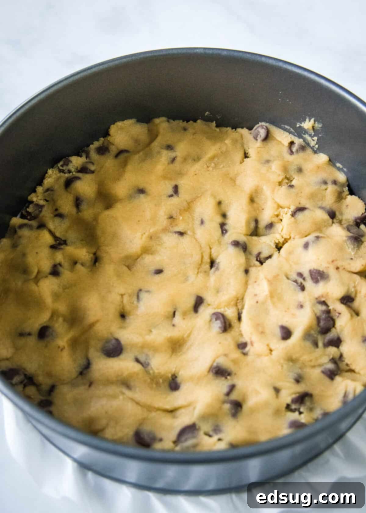 Fresh chocolate chip cookie dough evenly pressed into a springform pan, ready for baking into a delicious cookie cake.