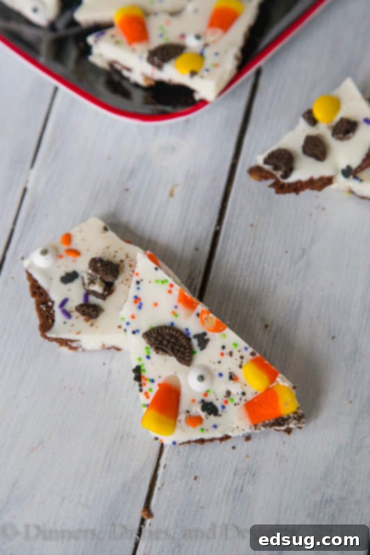 Brownie Brittle Halloween Bark - Brownie Brittle adds a chocolatey crunch to a fun Halloween treat