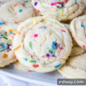 Whimsical Confetti Bites 8 cropped close up funfetti cookies on a plate