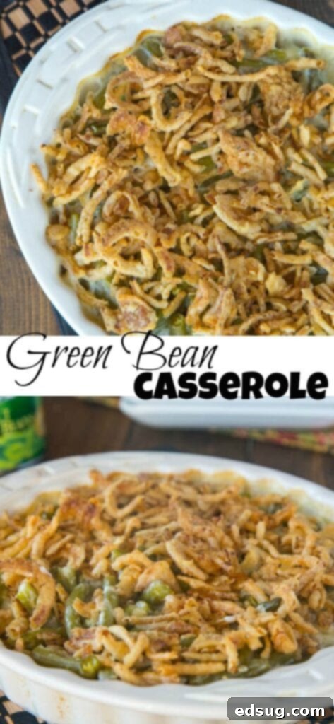 Close up of creamy, golden-brown green bean casserole in a casserole dish, topped with crispy fried onions, ready to be served.