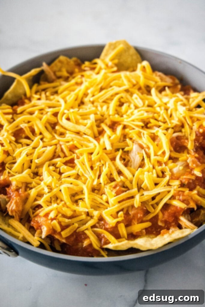 A skillet of assembled Chicken Chilaquiles, layered with tortilla chips, sauce, and cheese, ready to go into the oven.
