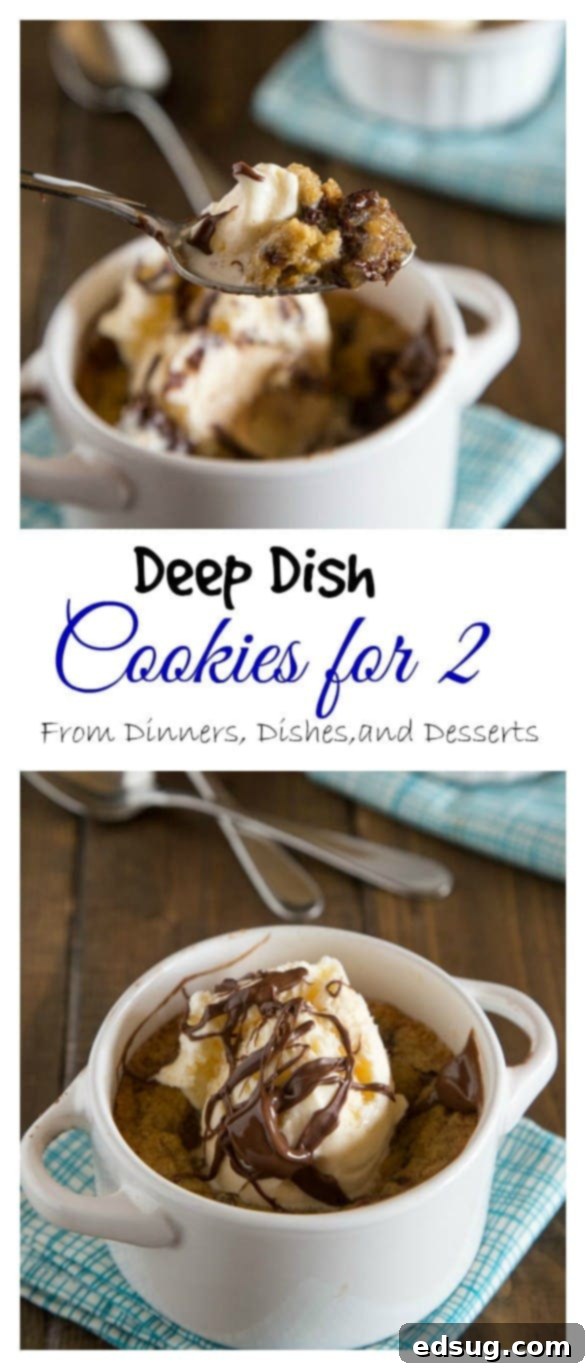 Deep Dish Chocolate Chip Cookies for Two -An ooey, gooey, chocolate-y deep dish cookie that makes just enough for two people.  A homemade version of the famous Pizookie.