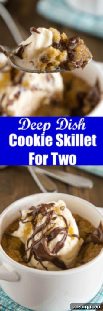 Deep Dish Chocolate Chip Cookies for Two -An ooey, gooey, chocolate-y deep dish cookie that makes just enough for two people.  A homemade version of the famous Pizookie.