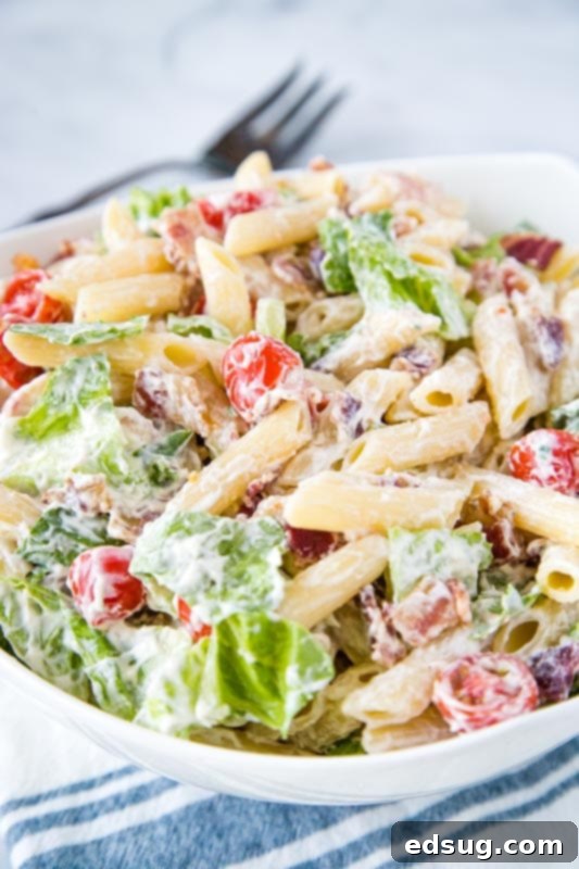 Cool and creamy pasta salad with bacon, lettuce and tomatoes!