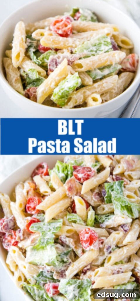 close up blt pasta salad in a white bowl
