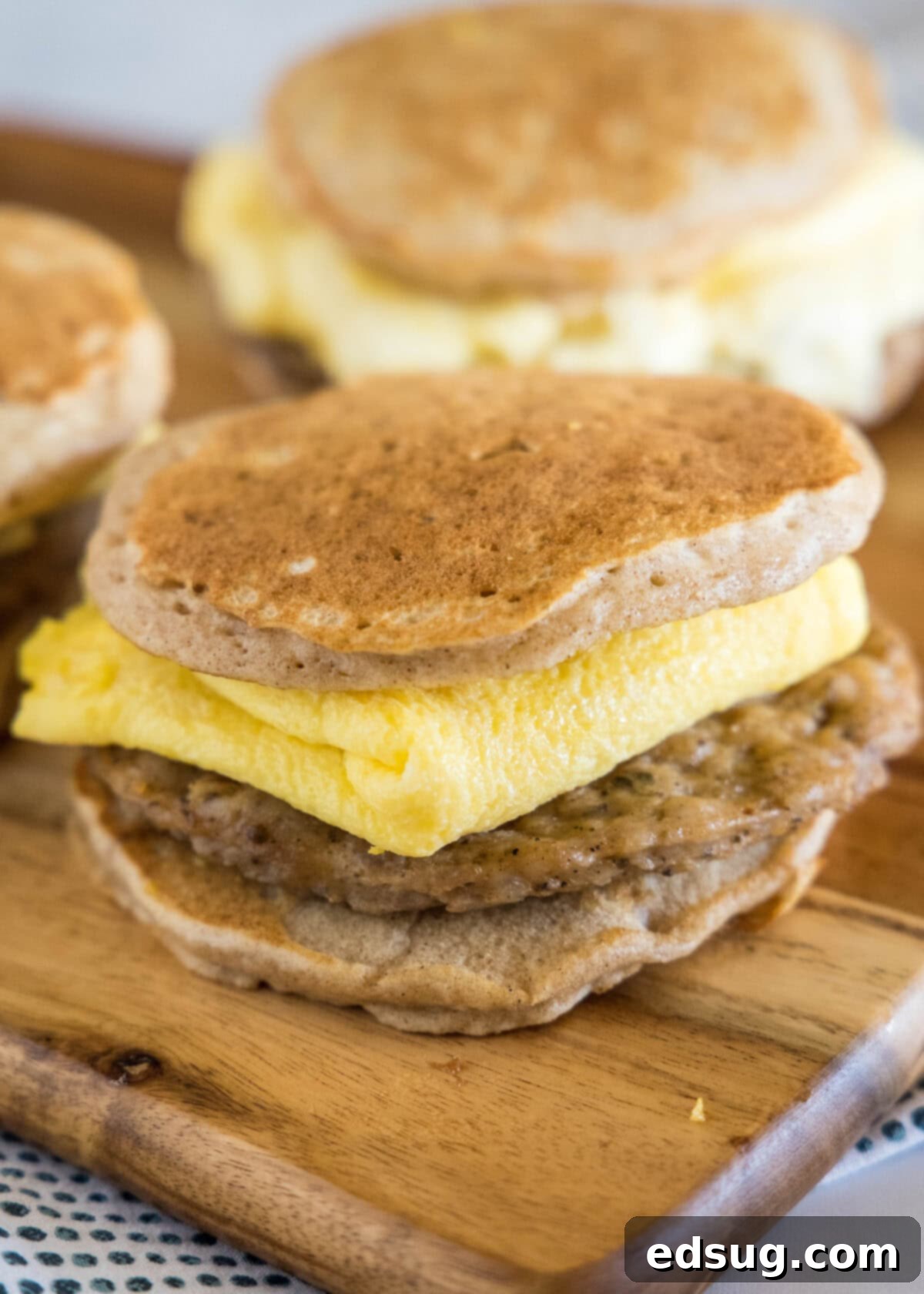 pancake breakfast sandwich on a cutting board