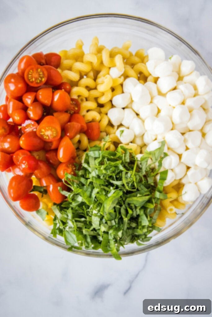 pasta, tomatoes, basil and mozzarella cheese in a bowl