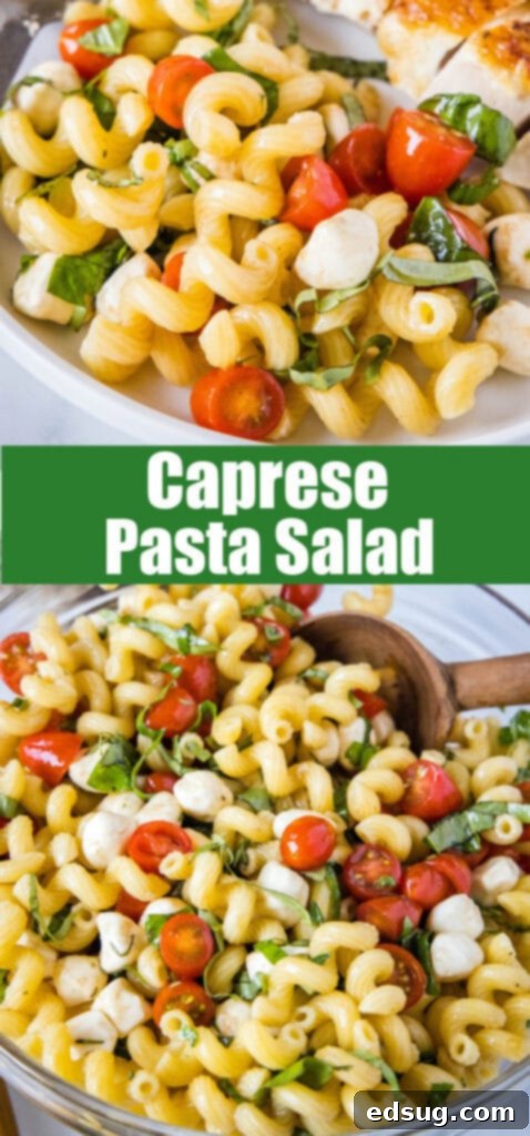 close up caprese pasta salad for pinterest