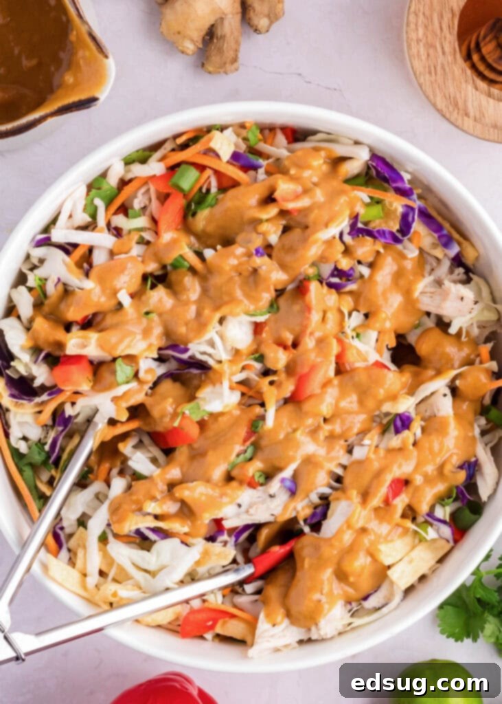creamy peanut dressing being poured over a bowl of Thai chicken salad
