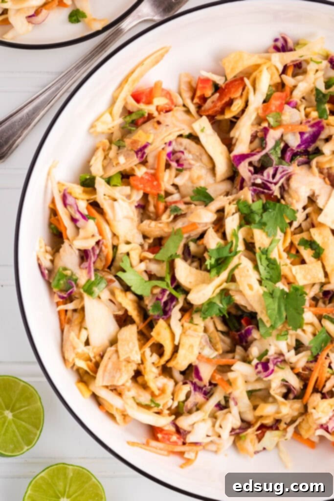 overhead shot of a large serving bowl filled with Thai chicken salad