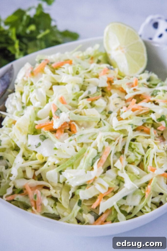 Fiesta Slaw 2 creamy mexican coleslaw in a white bowl with a slice of lime