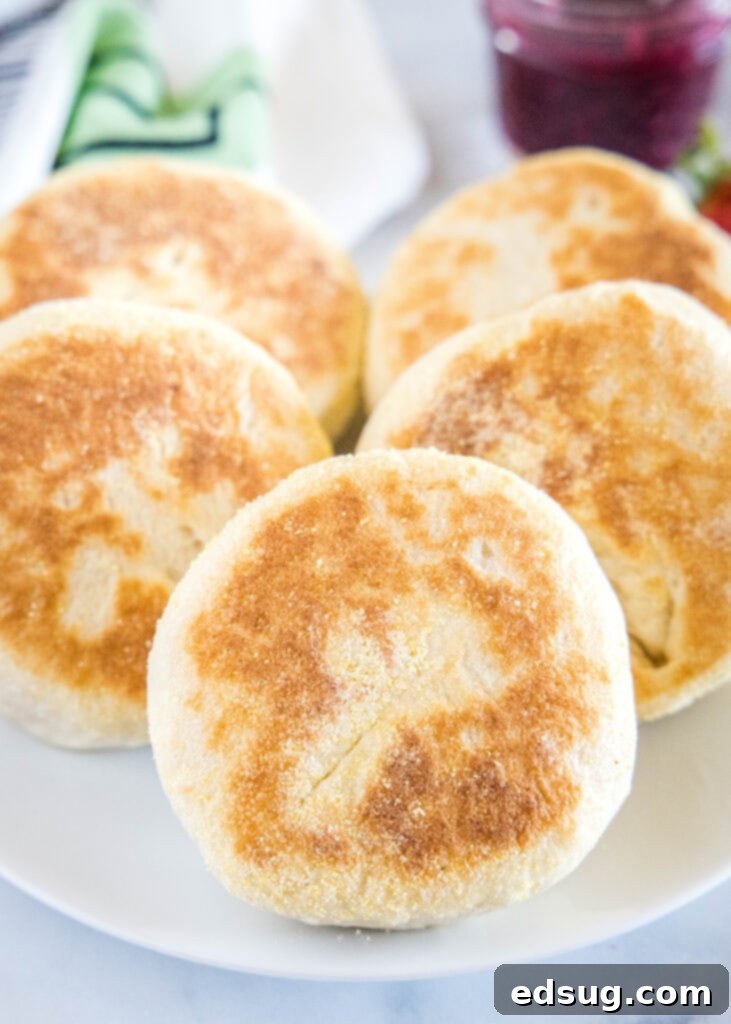 Golden Griddled Goodness 2 cooked english muffins on a white plate