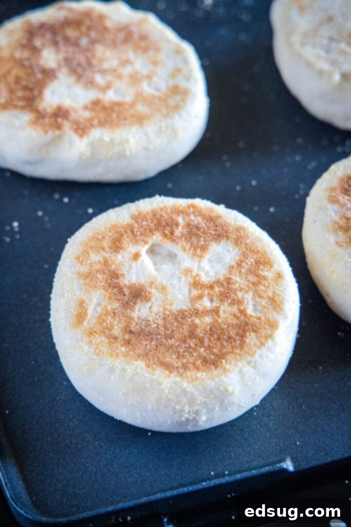 Golden Griddled Goodness 5 english muffins on the griddle