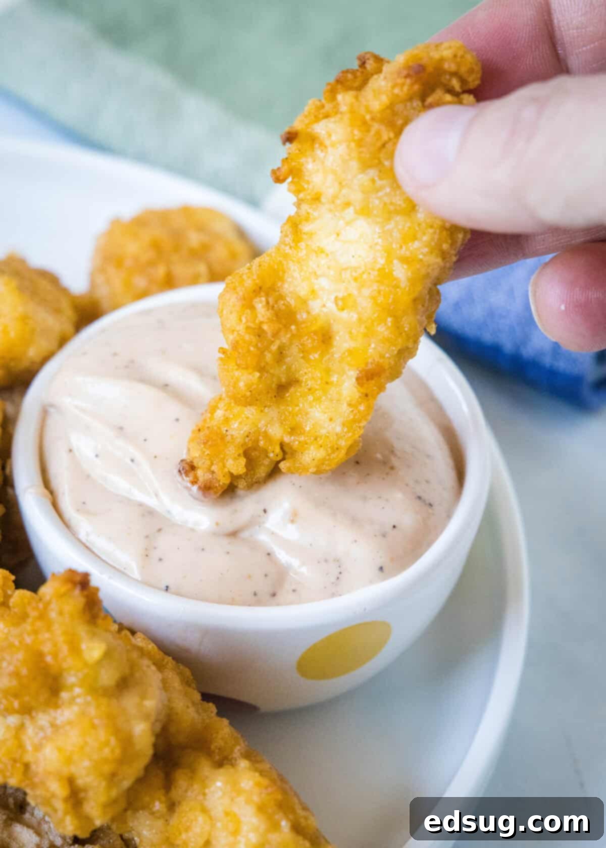 Copycat Canes Sauce Recipe 6 dipping a piece of chicken into canes sauce