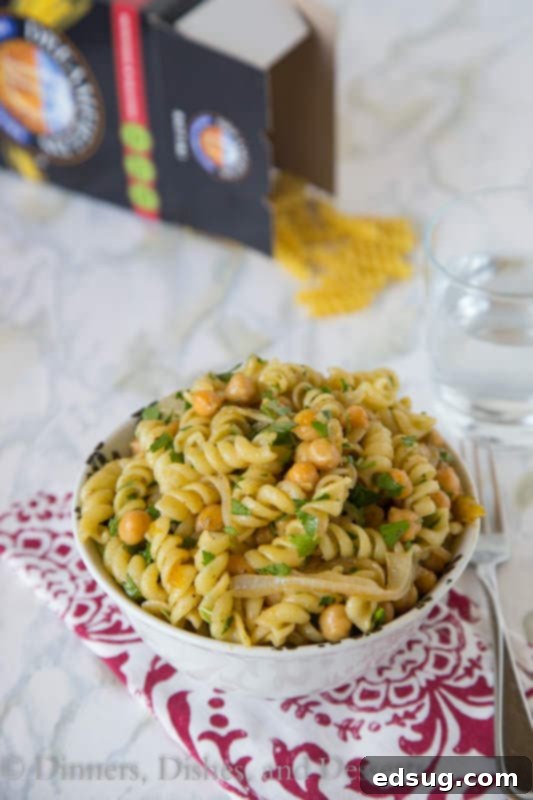 Flavorful Middle Eastern Pasta Salad 4 Close-up of Middle Eastern Pasta Salad with rotini, chickpeas, and fresh parsley