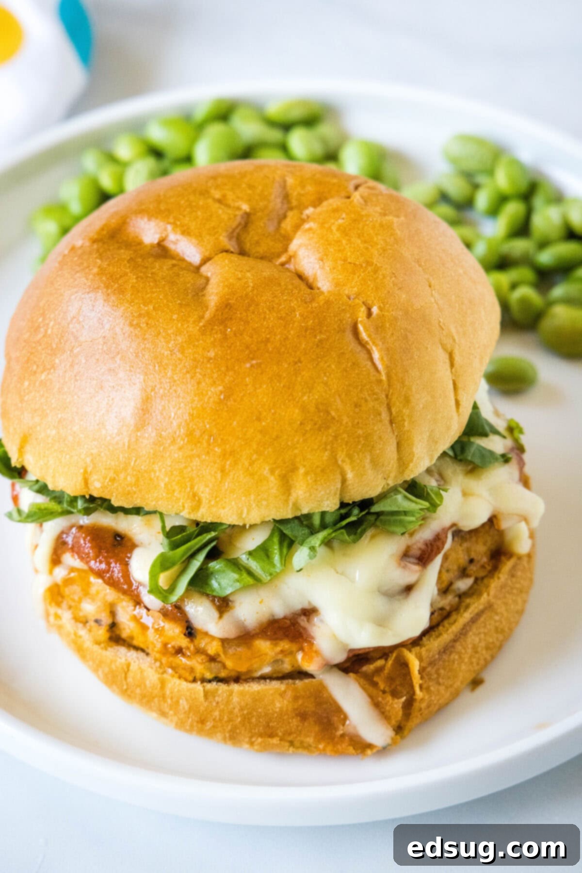 Chicken Parm Burgers 7 A perfectly cooked Chicken Parmesan Burger, garnished with fresh basil, on a white plate ready to be enjoyed.