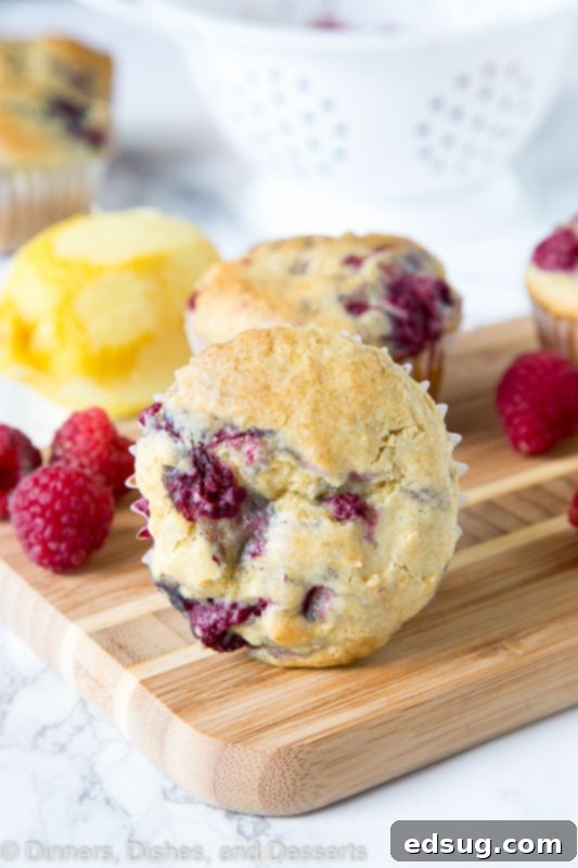 Three golden brown lemon raspberry muffins arranged beautifully on a wooden surface, with scattered fresh raspberries and lemon slices nearby, highlighting their fresh ingredients.