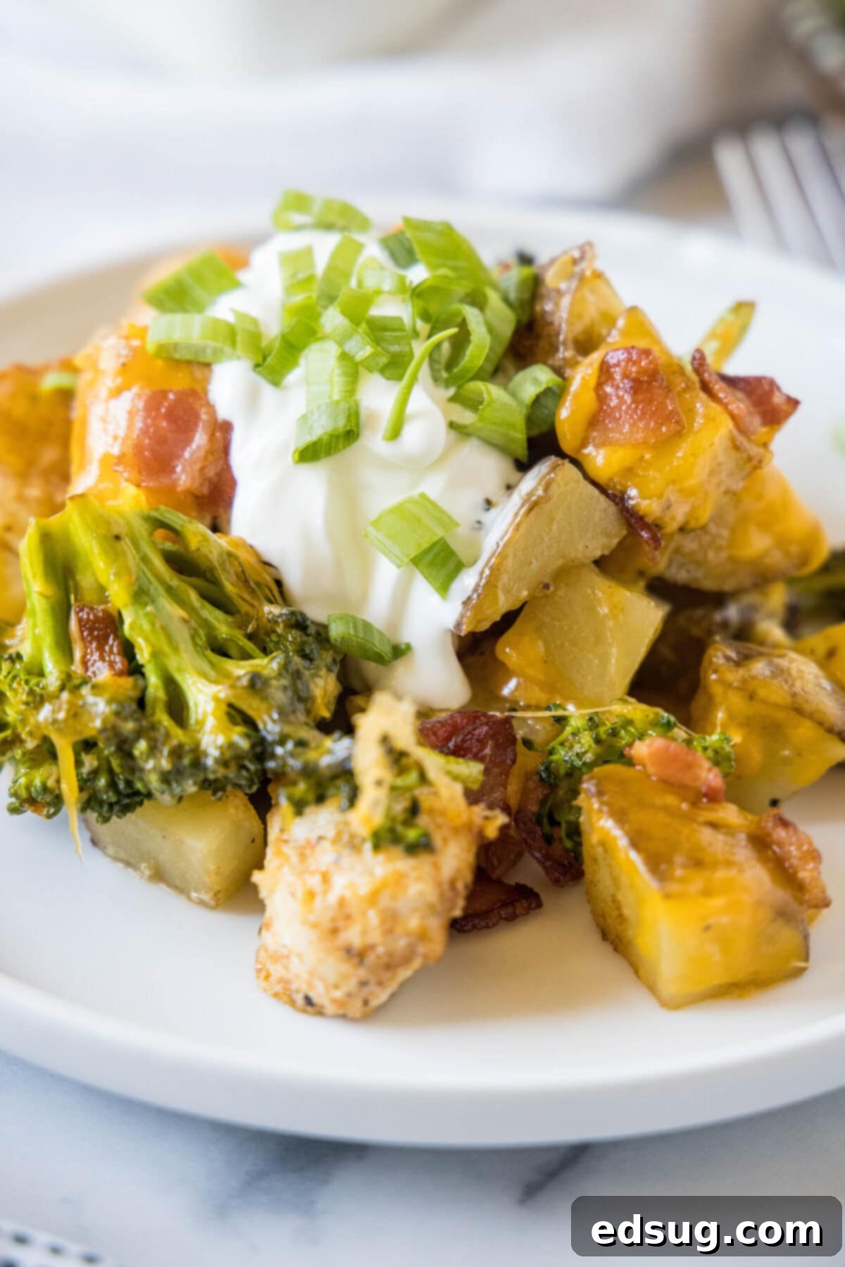 Close up of a plate of chicken, potatoes, and broccoli casserole, topped with a dollop of sour cream and fresh green onions, with a fork ready to dig in.