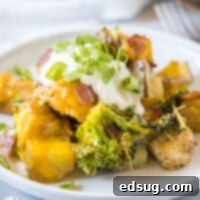 Close up of a plate of chicken, broccoli, and potato casserole topped with sour cream and green onions.